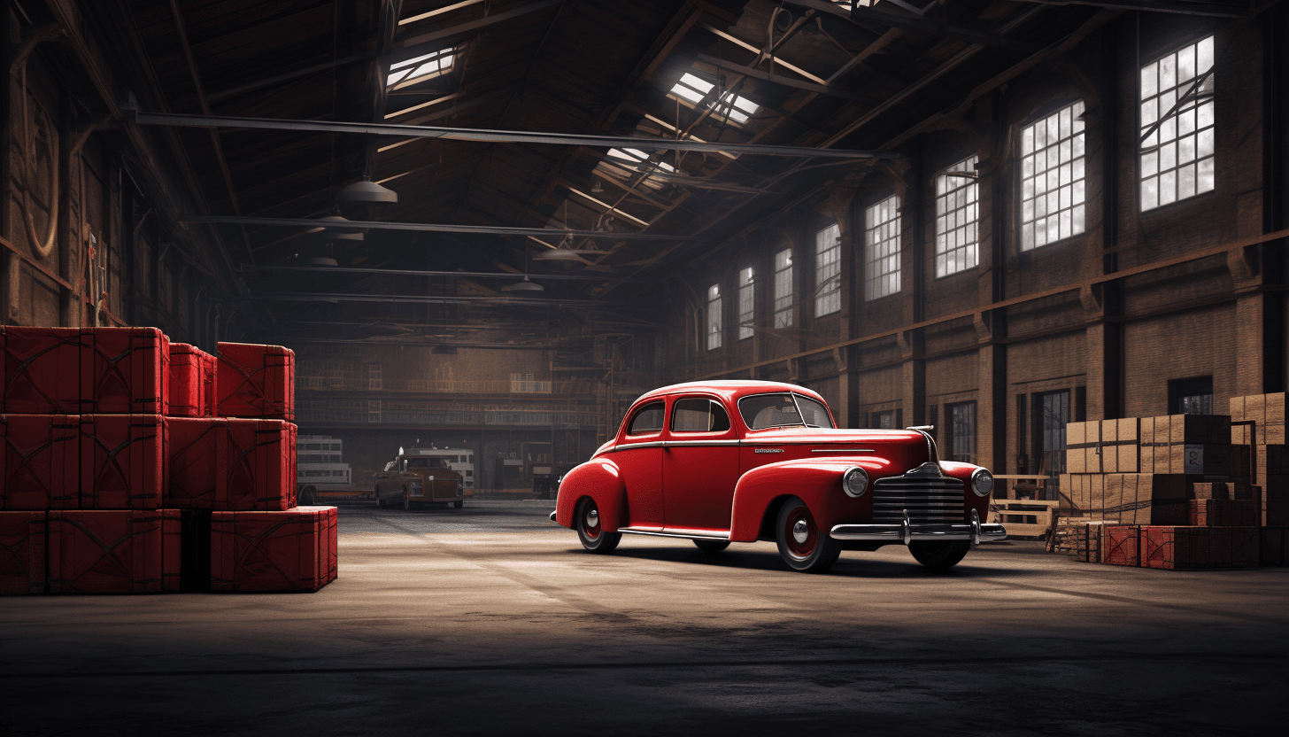 Red car in warehouse